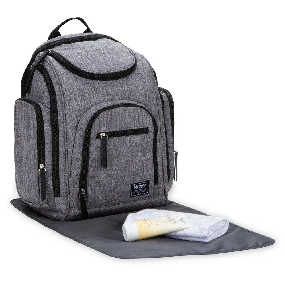 BB Gear Diaper Bag Backpack w/ Changing Pad & Insulated Side Pocket - Gray
